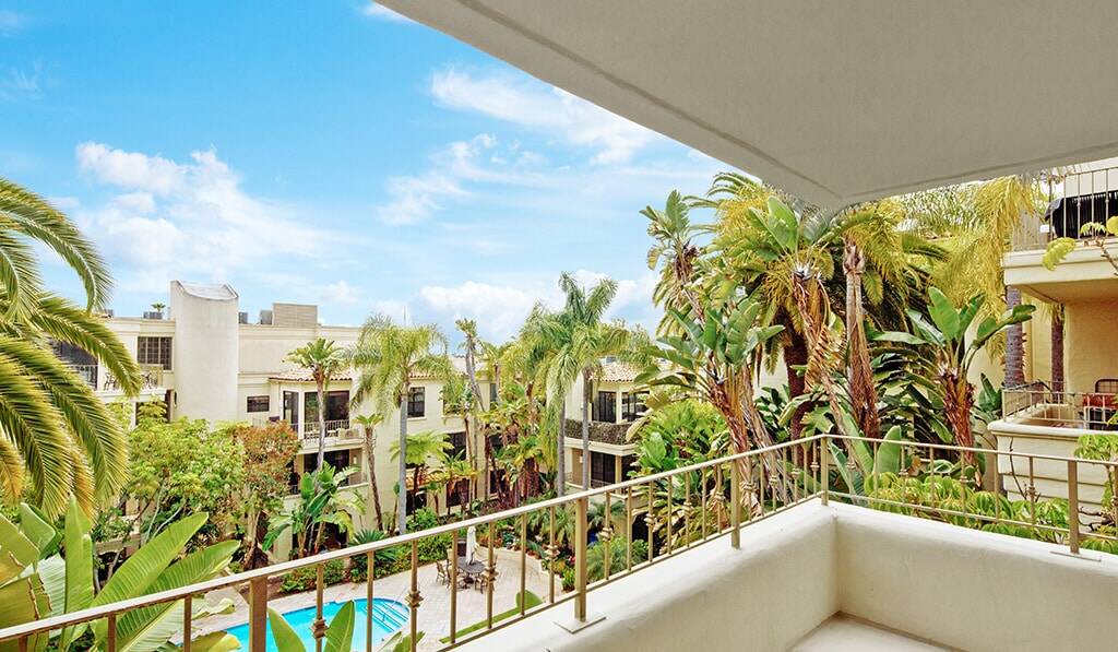 Balcony overlooks pool