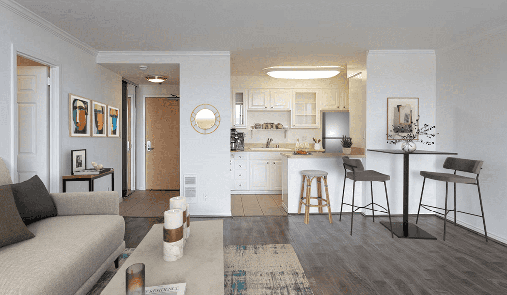 Furnished living room and kitchen