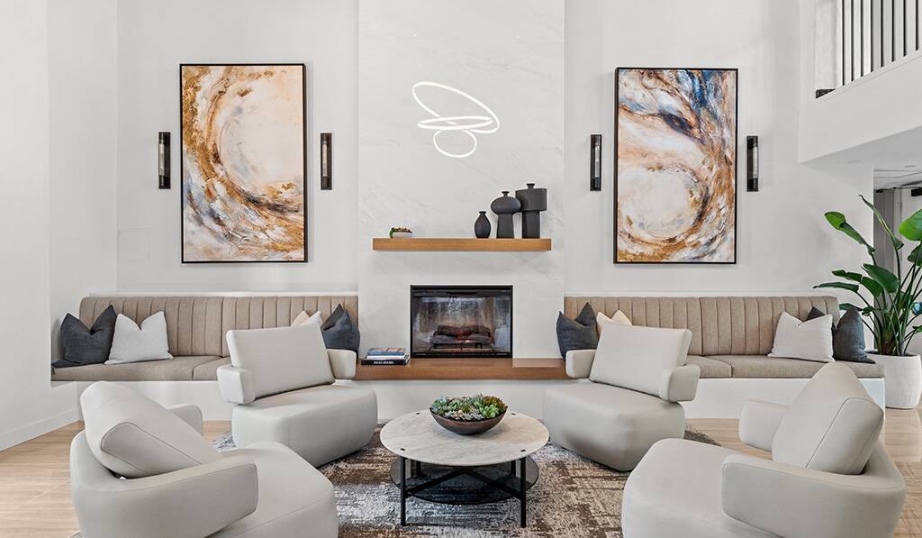 555 Barrington remodeled lobby features fireplace