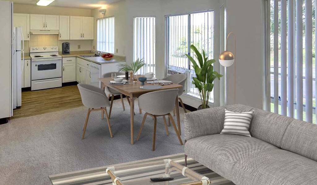 furnished living room and kitchen