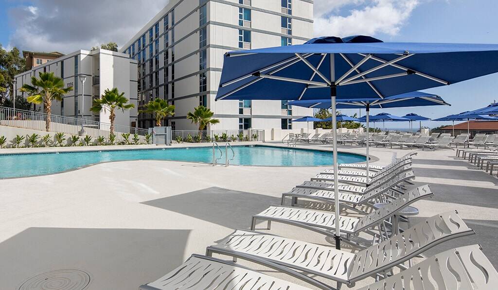 Pool and lounges with umbrellas