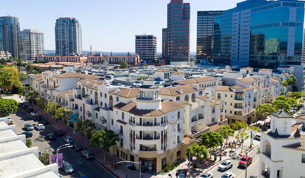 Aerial exterior shot shows Westwood high rises in background