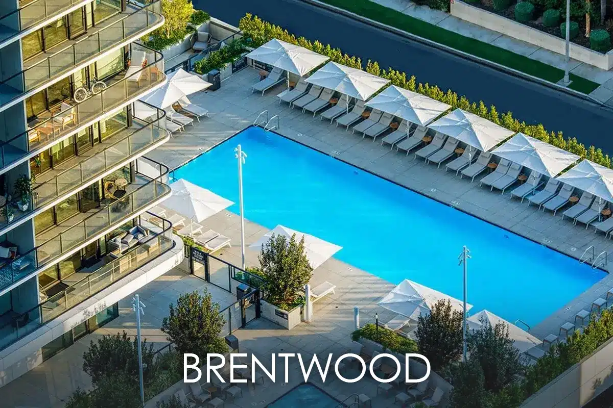 Pool at The Landmark Los Angeles aerial view Pool at The Landmark Los Angeles aerial view Text says Brentwood
