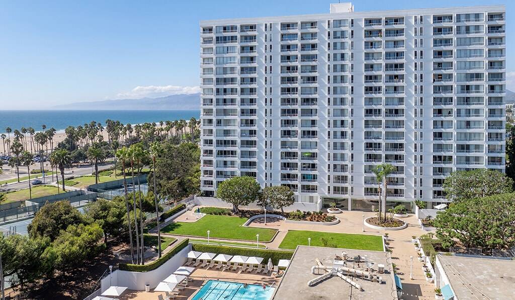 The Shores aerial shot with ocean in the background