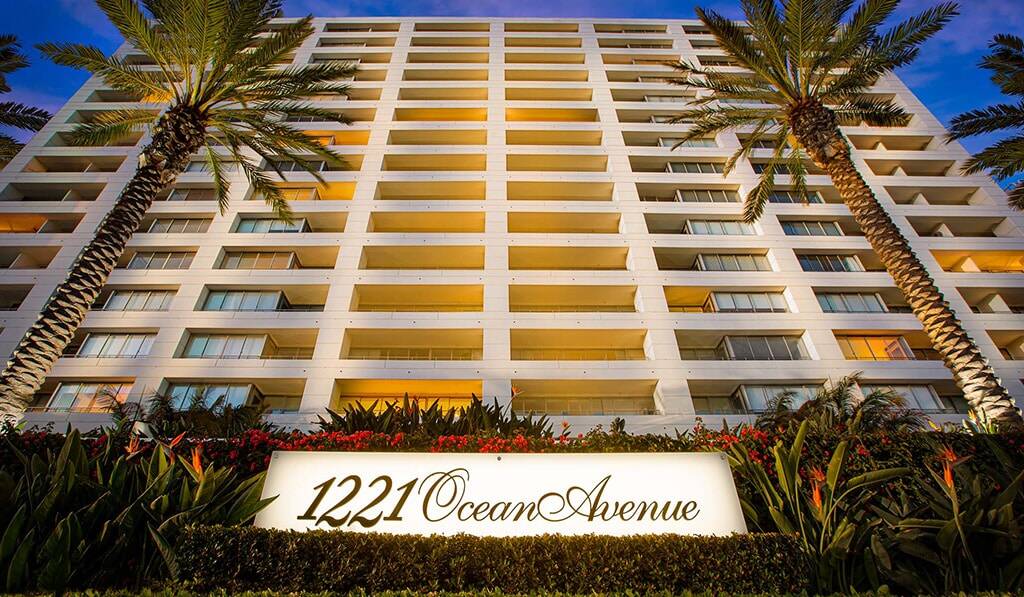 Building sign lit up at night - 1221 Ocean Avenue