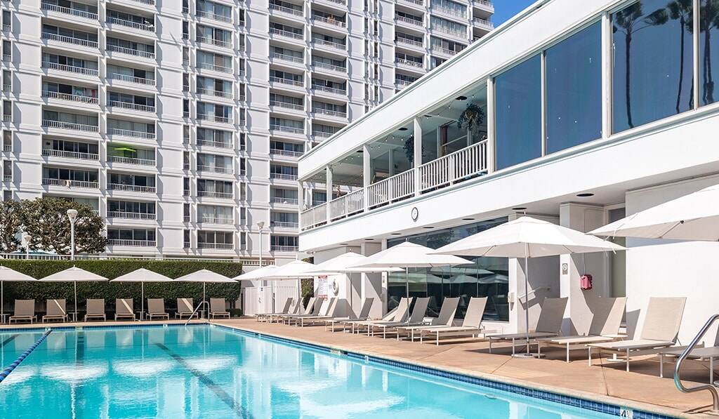 Pool with lounges and umbrellas