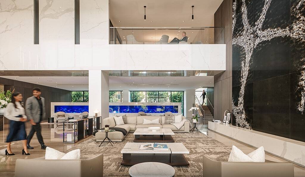 Lobby with fishtank in background