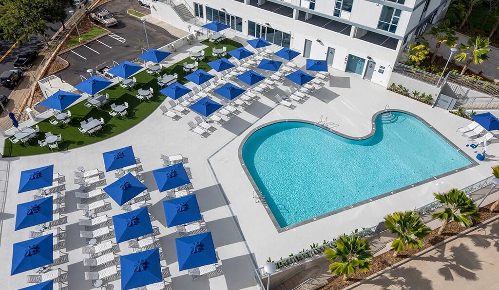Aerial view of the pool with multiple umbrellas