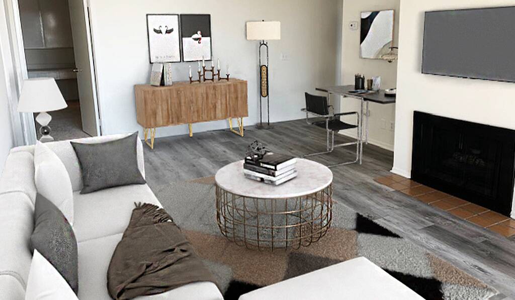 Furnished living room with fireplace