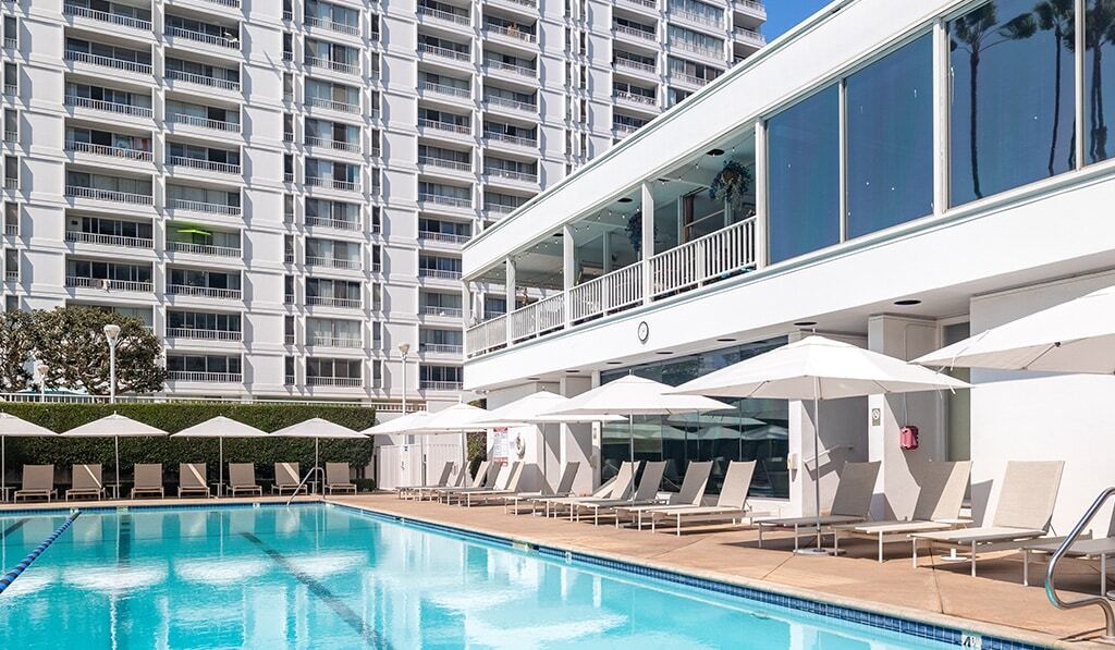 Pool with lounges and umbrellas