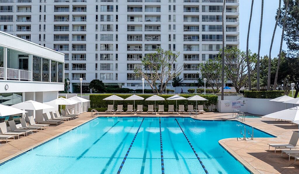 Pool with lap lanes and hot tob