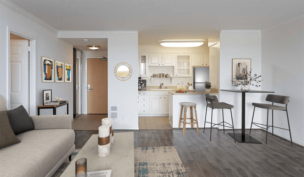 Furnished living room and kitchen