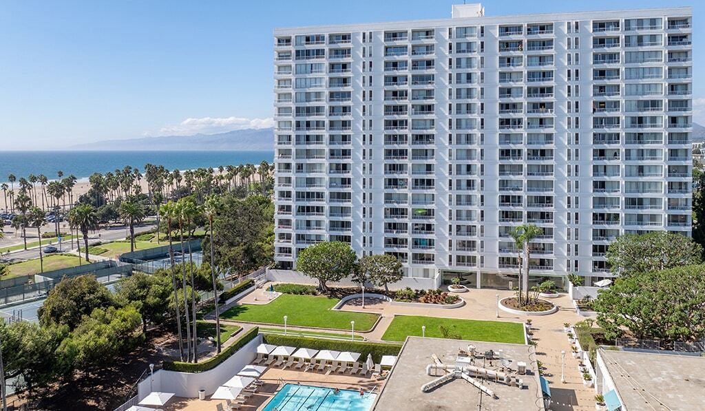 The Shores aerial shot with ocean in the background