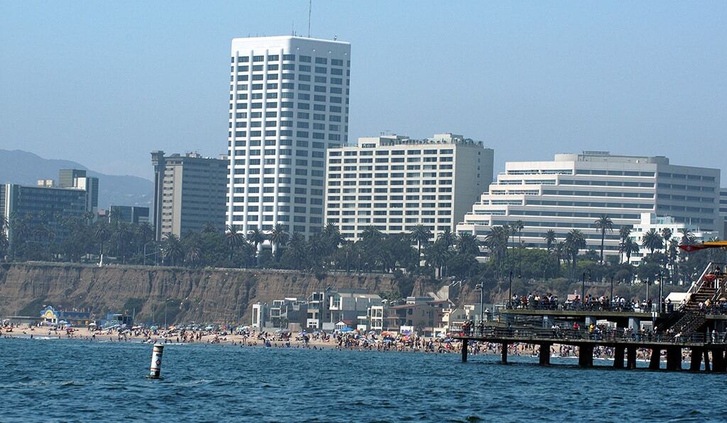 Buildings in Santa Monica overlook beach