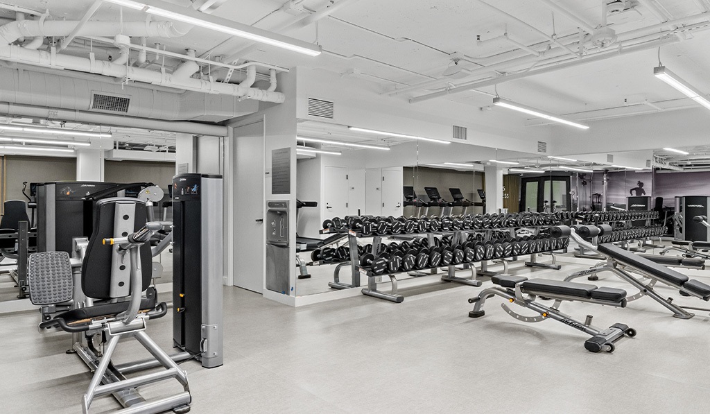 555 Barrington apartment fitness center with free weights