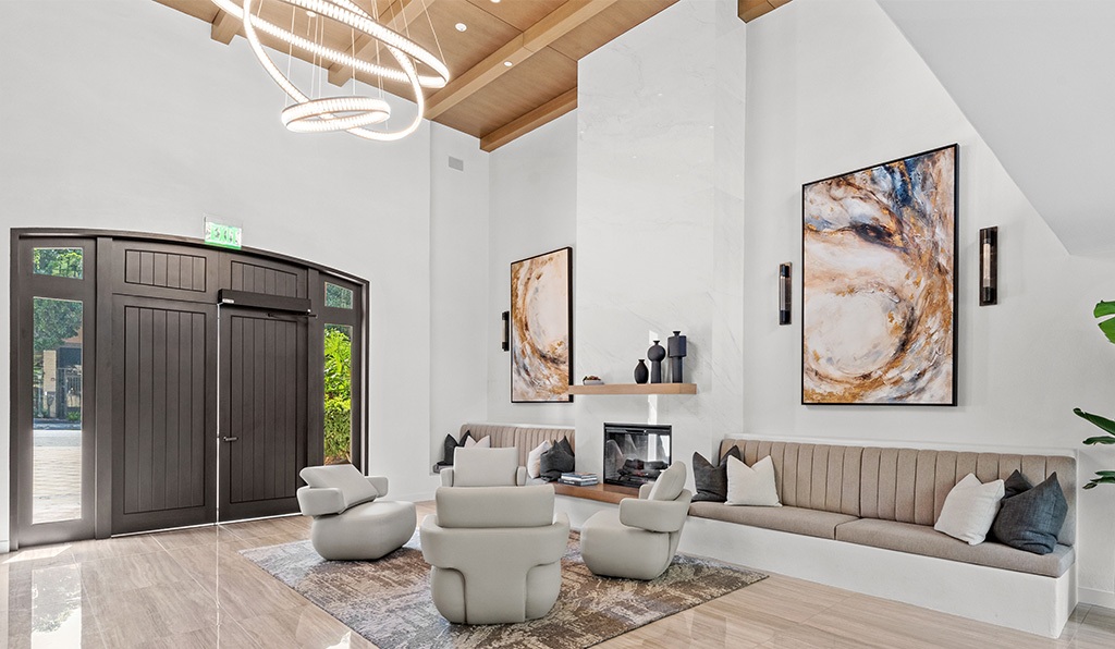 555 Barrington lobby features fireplace