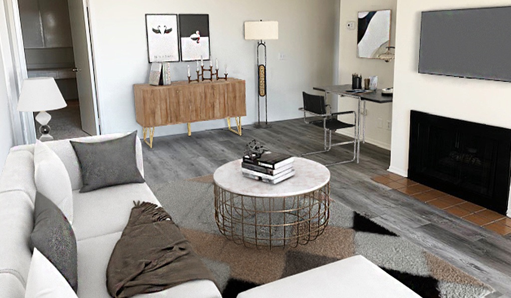 Furnished living room with fireplace